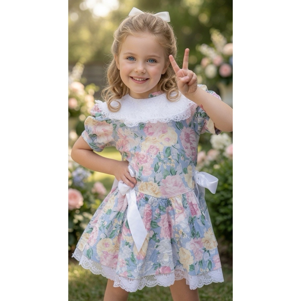 Vintage 90s Floral Lace Ribbon Cottage Core Tea Party Dress SWAT Kids Size 4